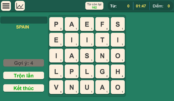 Màn hình chơi game Tìm chữ tiếng Anh