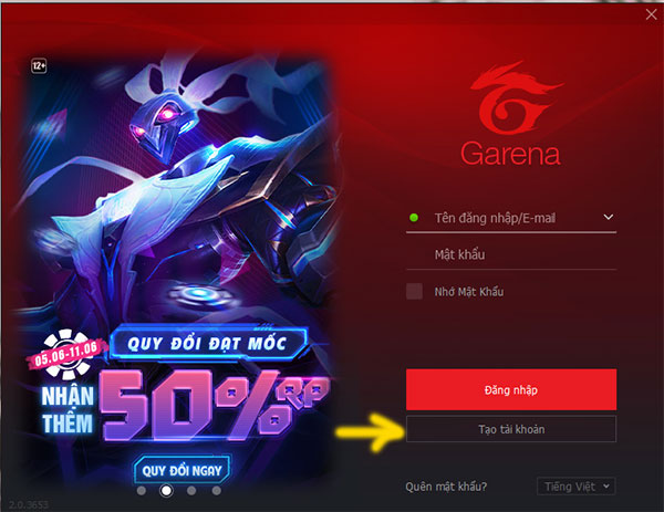 Chọn tạo tài khoản