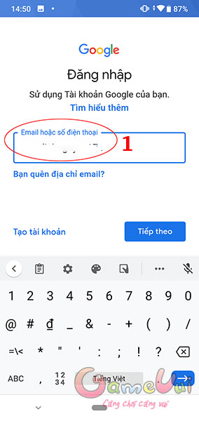 Nhập thông tin tài khoản gmail