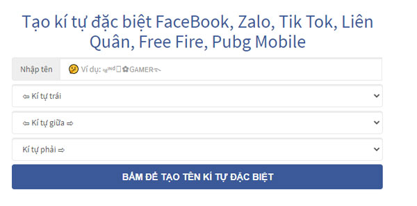 Giao diện công cụ Tạo kí tự đặc biệt tại GameVui