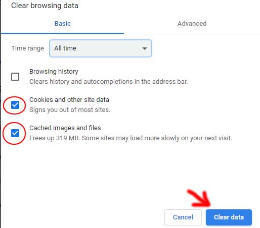 Xóa cookies và cache