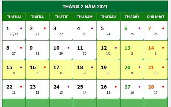 Lịch tháng 2 năm 2021