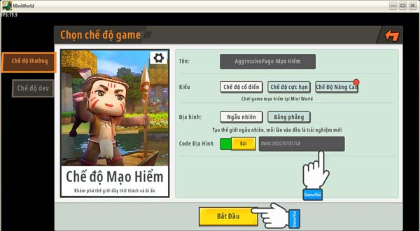 Bật Code địa hình và nhập mã