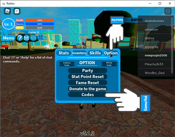 Chọn Option > Codes