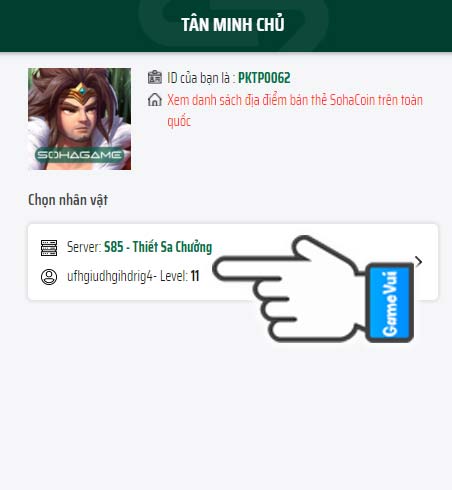 Chọn nhân vật cần nhập giftcode