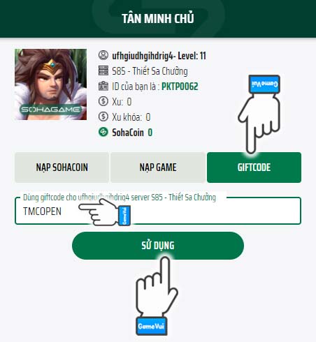 Điền code vào ô và bấm Sử dụng