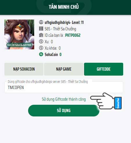 Nhận thông báo Sử dụng Giftcode thành công