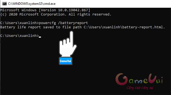 Nhập lệnh batteryreport