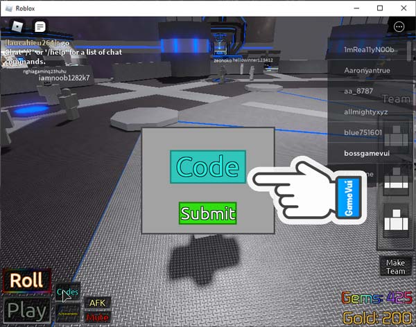 Nhập mã vào ô Codes