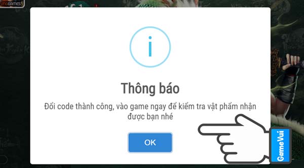 Thông báo nhập mã code VLTK 1 Mobile thành công