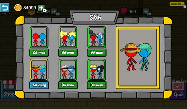 Mở khóa skin nhân vật trong shop cửa hàng