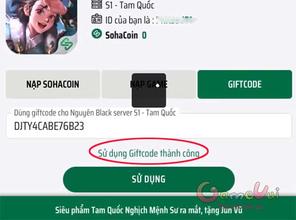Sử dụng giftcode thành công