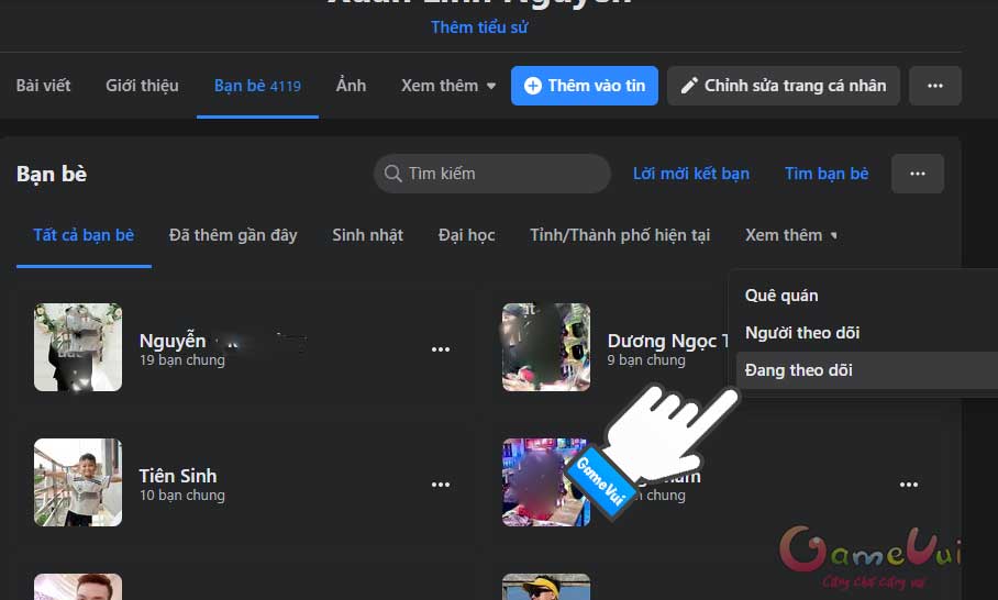 Chọn Đang theo dõi