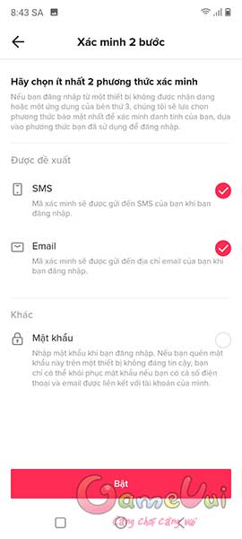 Chọn phương thức xác minh bảo mật