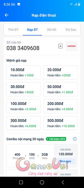 Chọn mệnh giá nạp