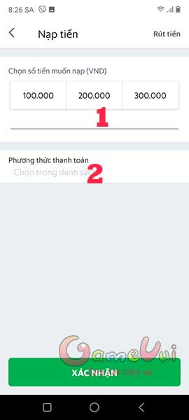 Chọn số tiền muốn nạp