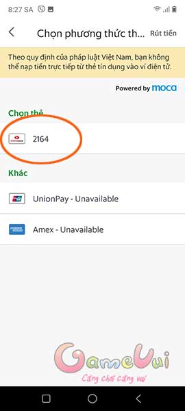 Chọn thẻ ATM đã lien kết với Moca