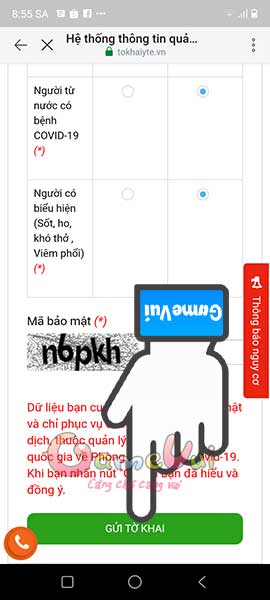 Điền thông tin tờ khai y tế