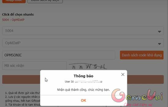 Thông báo nhận quà thành công