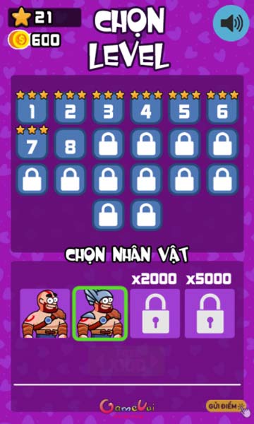 Lựa chọn level và trang phục nhân vật