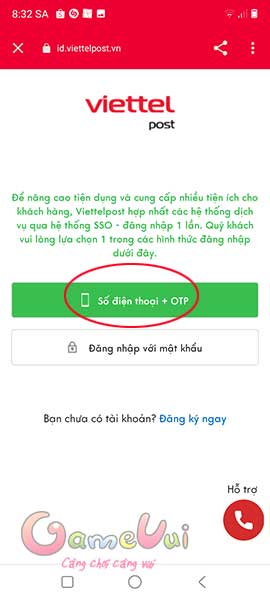 Chọn đăng nhập bằng số điện thoại + otp