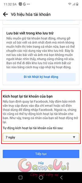 Chọn thời gian kích hoạt lại tài khoản