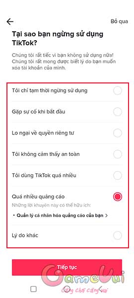 Chọn lý do xóa tài khoản TikTok