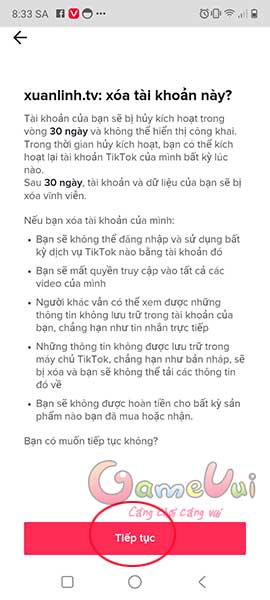 Thông báo về những dữ liệu sẽ bị xóa