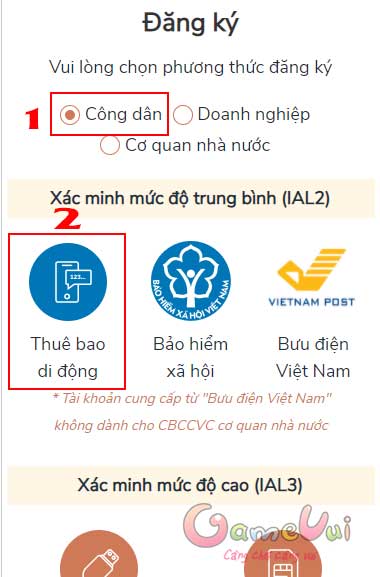 Chọn phương thức đăng ký