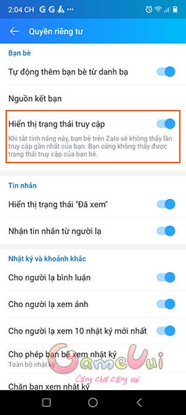 Hiển thị trạng thái truy cập