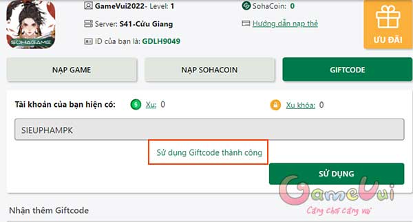 Nhập code thành công