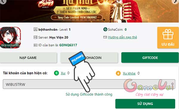 Nhập code thành công
