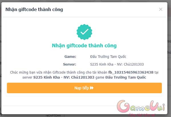 Nhận giftcode thành công