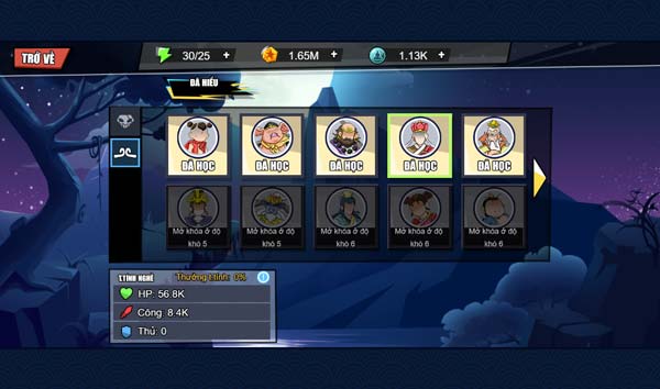 Hệ thống nhân vật và sư phụ dạy nghề để tăng thuộc tính