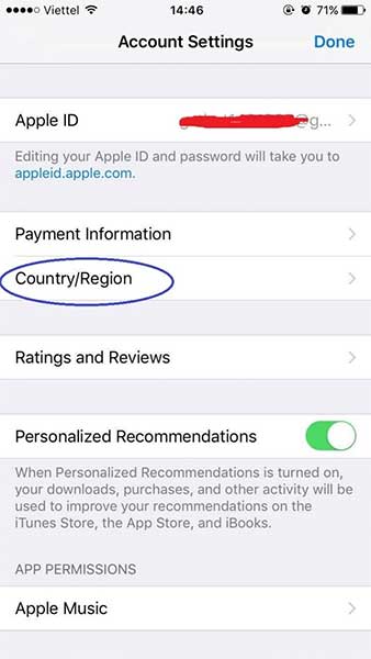 Chọn Country/Region