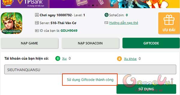 Sử dụng Giftcode thành công