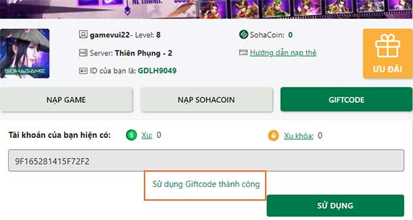 Sử dụng giftcode thành công