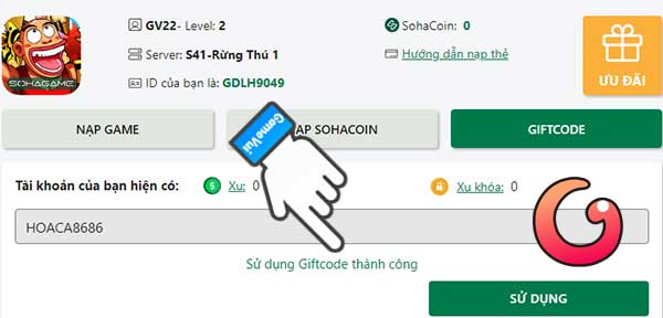 Sử dụng giftcode thành công