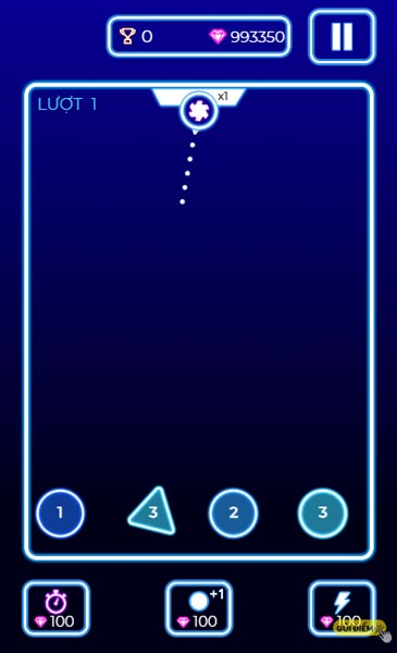 Thả bóng từ trên xuống và phá hủy những hình tròn, tam giác, vuông có con số bên trong