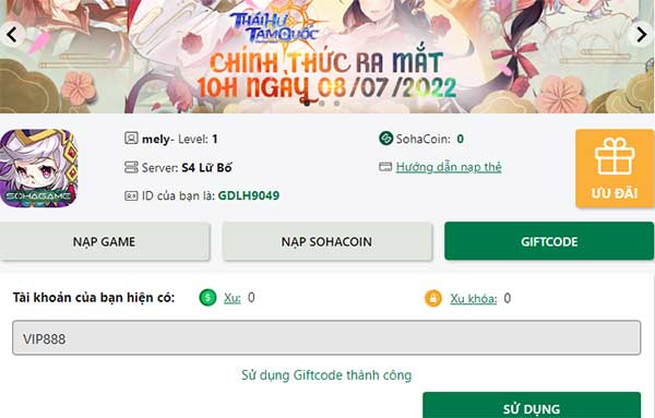 Sử dụng giftcode thành công
