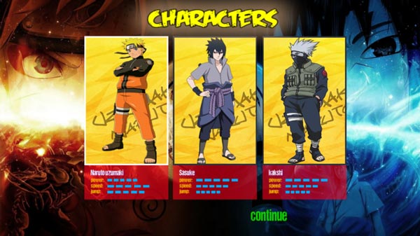 3 nhân vật để các bạn thay đổi: Naruto, Sasuke và Kakashi