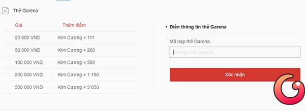 Mã nạp thẻ Garena