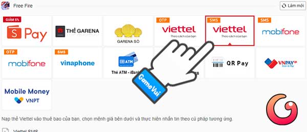 Chọn hình thức nạp bằng tin nhắn Viettel