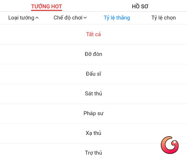 Lọc theo loại tướng để xem