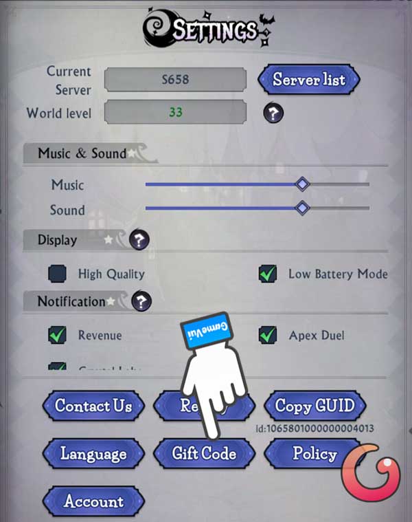 Nhấn nút gift code