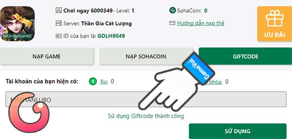 Sử dụng giftcode thành công