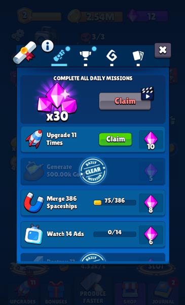 Tính năng nhiệm vụ ngày và nhận thưởng