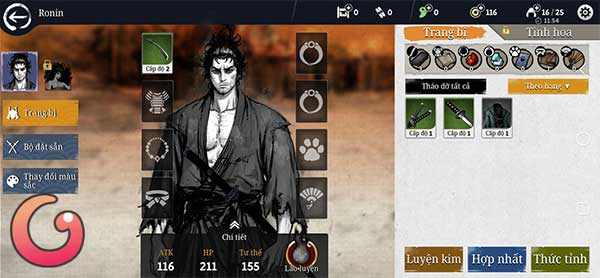 Trang bị các món đồ cho Ronin