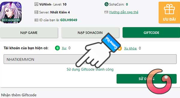 Sử dụng giftcode thành công