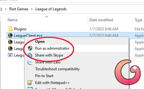 Khởi chạy file Leagueclient bằng quyền admin